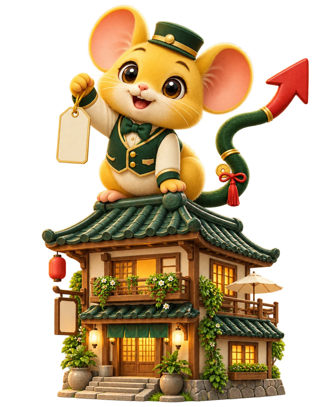 金色錢鼠管家站在民宿屋頂上，以紅色上漲箭頭尾巴守望房價行情